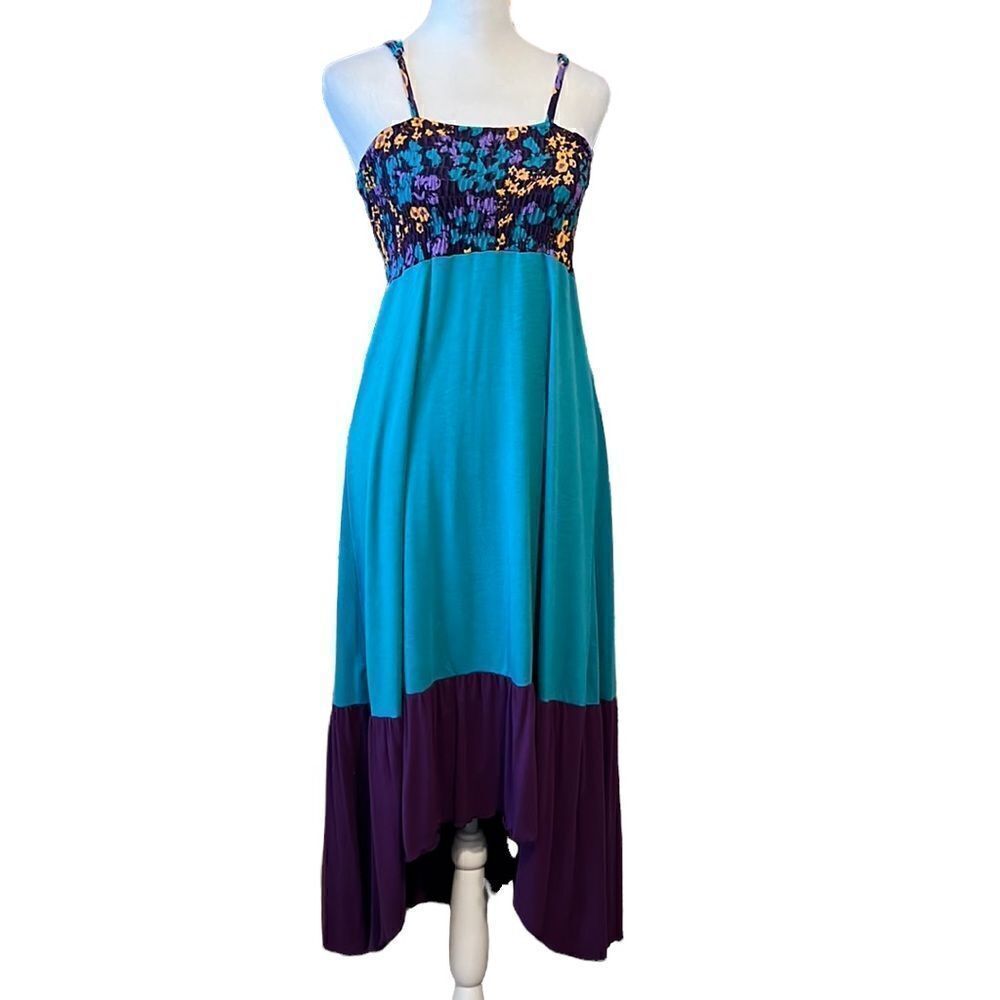 Cute szS purple and turquoise solid and print elastic bodice high low hem EUC
